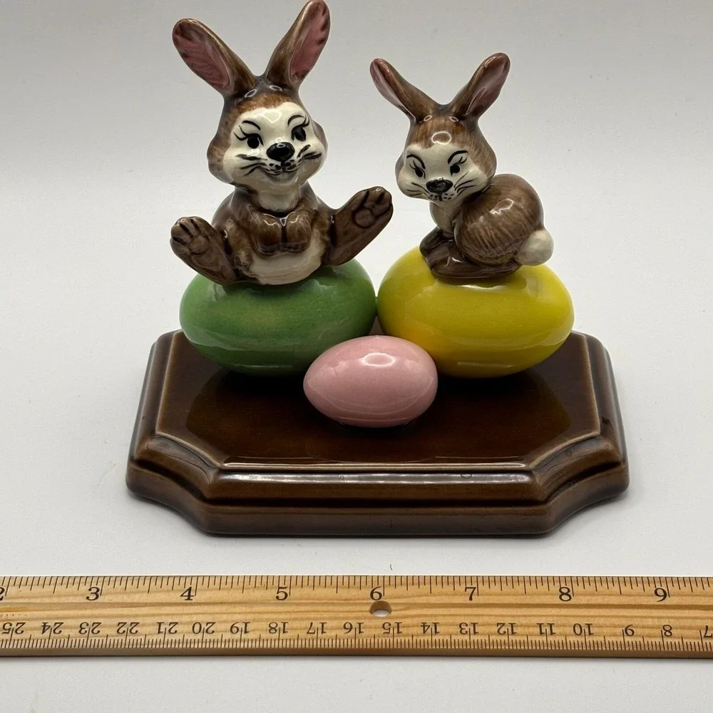 Ceramic Easter Bunnies on‎ Eggs Figurine Spring Holiday Decor Cute